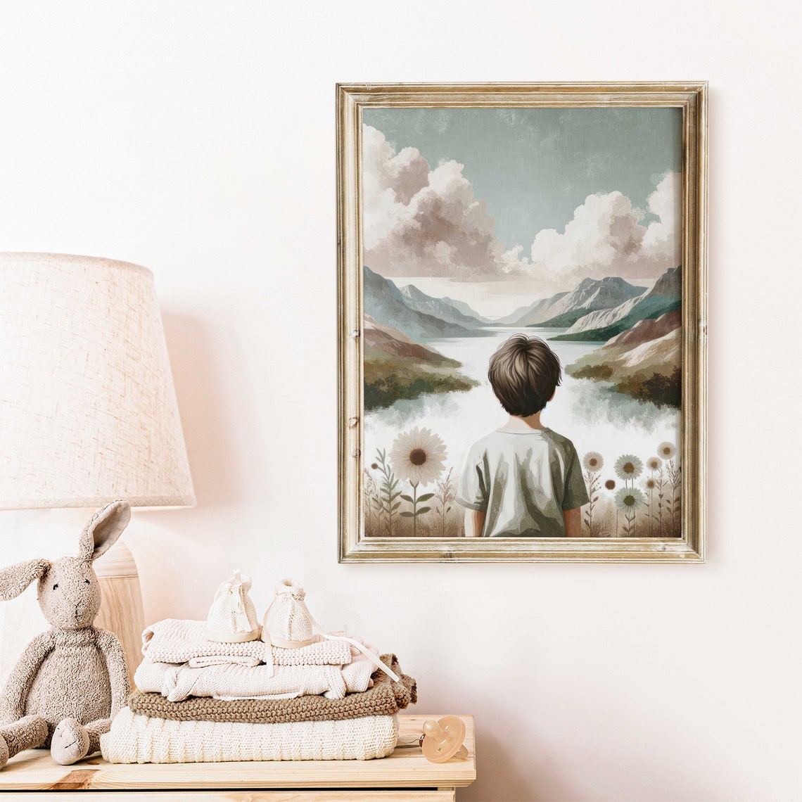 Young Boy Overlooking a Misty Mountain Lake Adventure Poster - Image 2