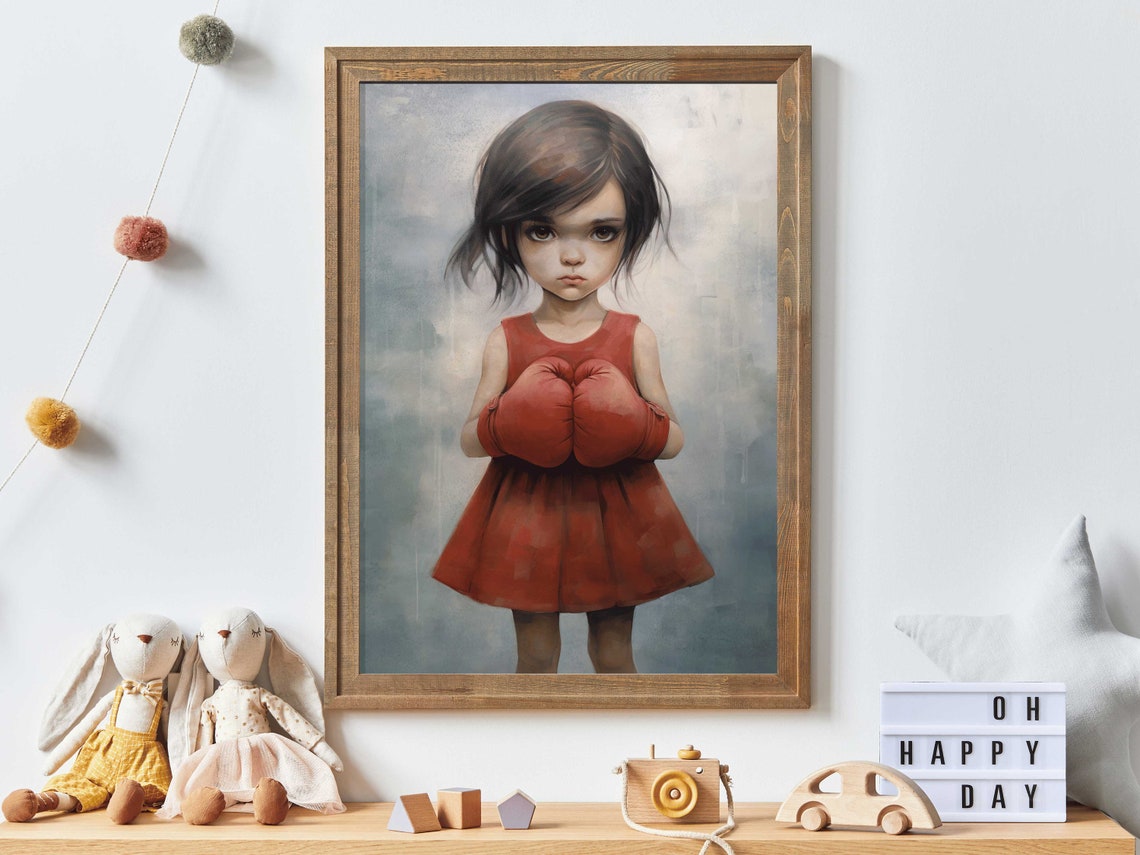 Strong Girl in Red Dress Wearing Boxing Gloves Empowerment Poster