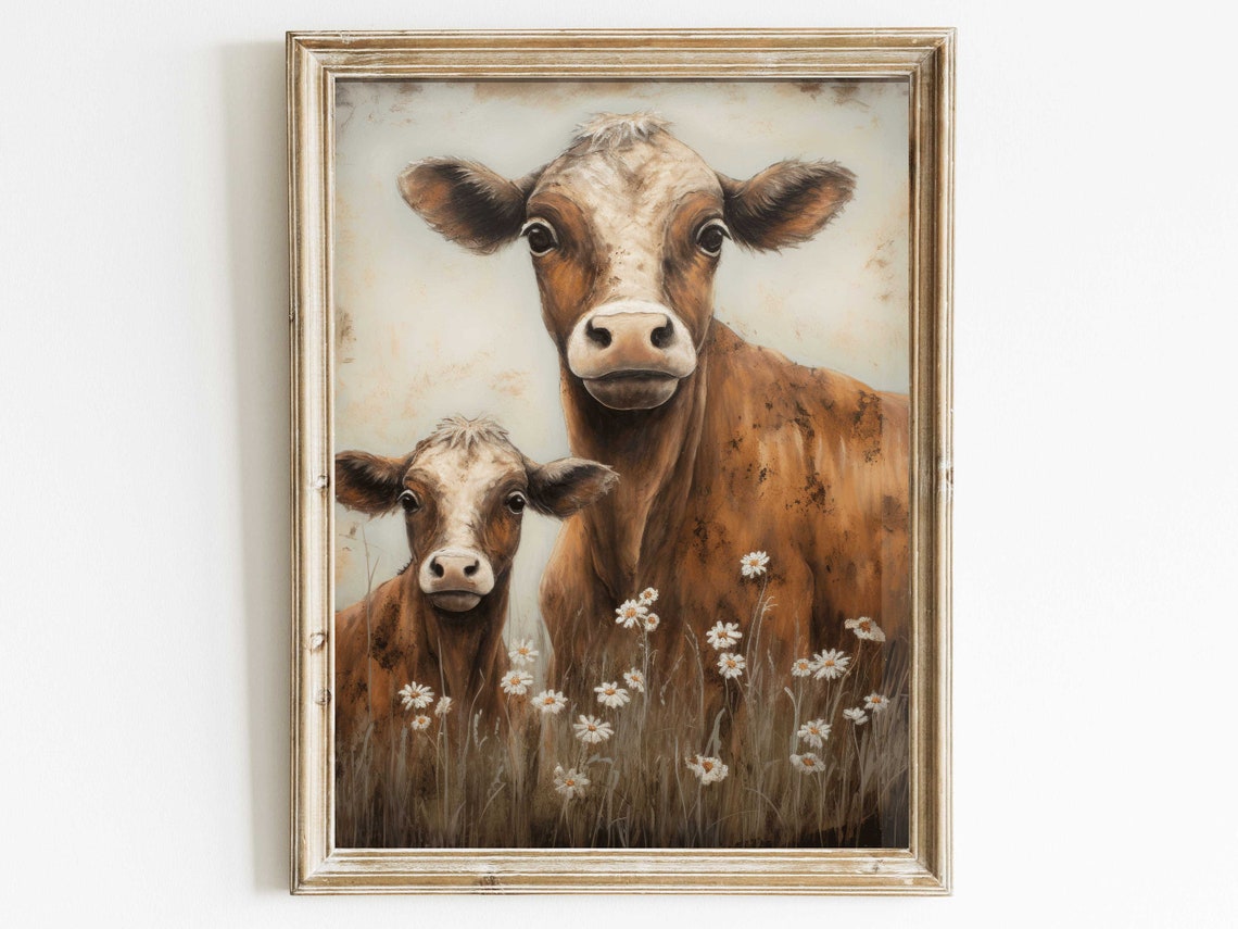 Cow and Calf in a Daisy Field Rustic Farm Animal Nursery Wall Poster