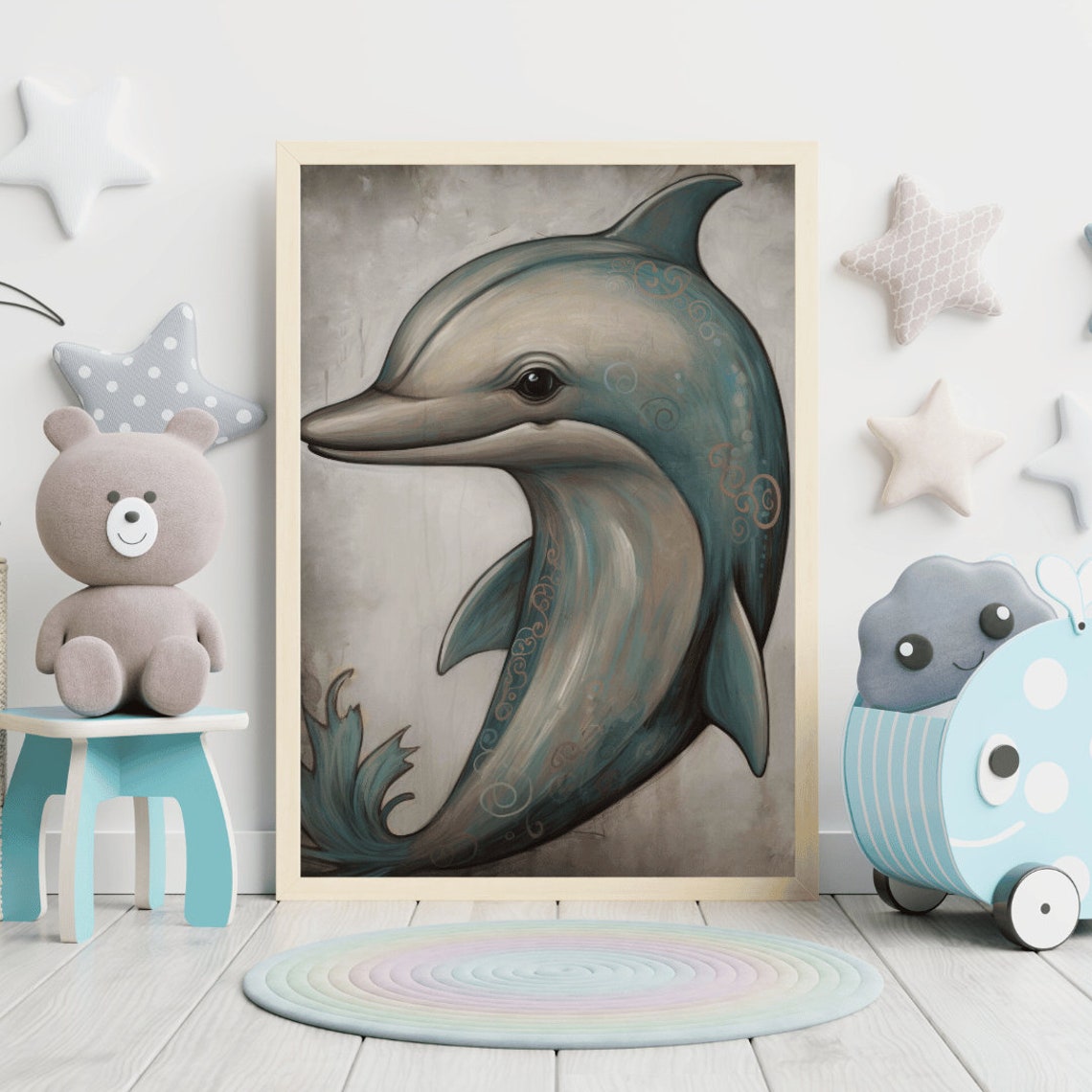 Teal And Gold Stylized Dolphin Painting For Coastal Nursery Poster - Image 2