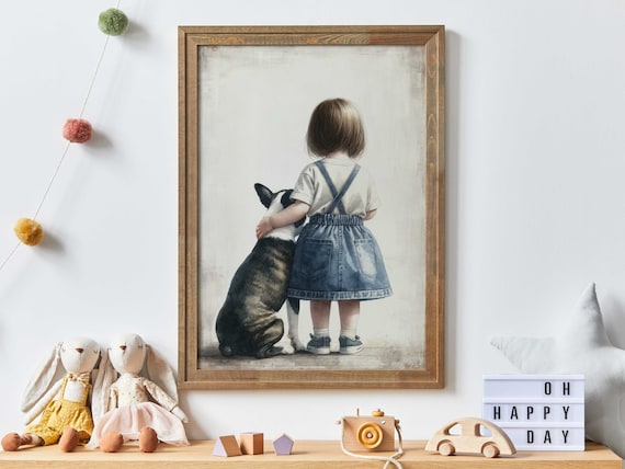 Little Girl Hugging Boston Terrier Poster Sweet Nursery Dog Love Art