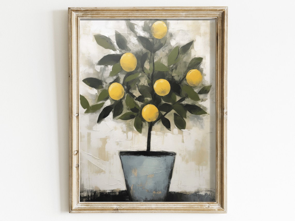 Potted Lemon Tree Still Life Rustic Oil Painting Kitchen Poster