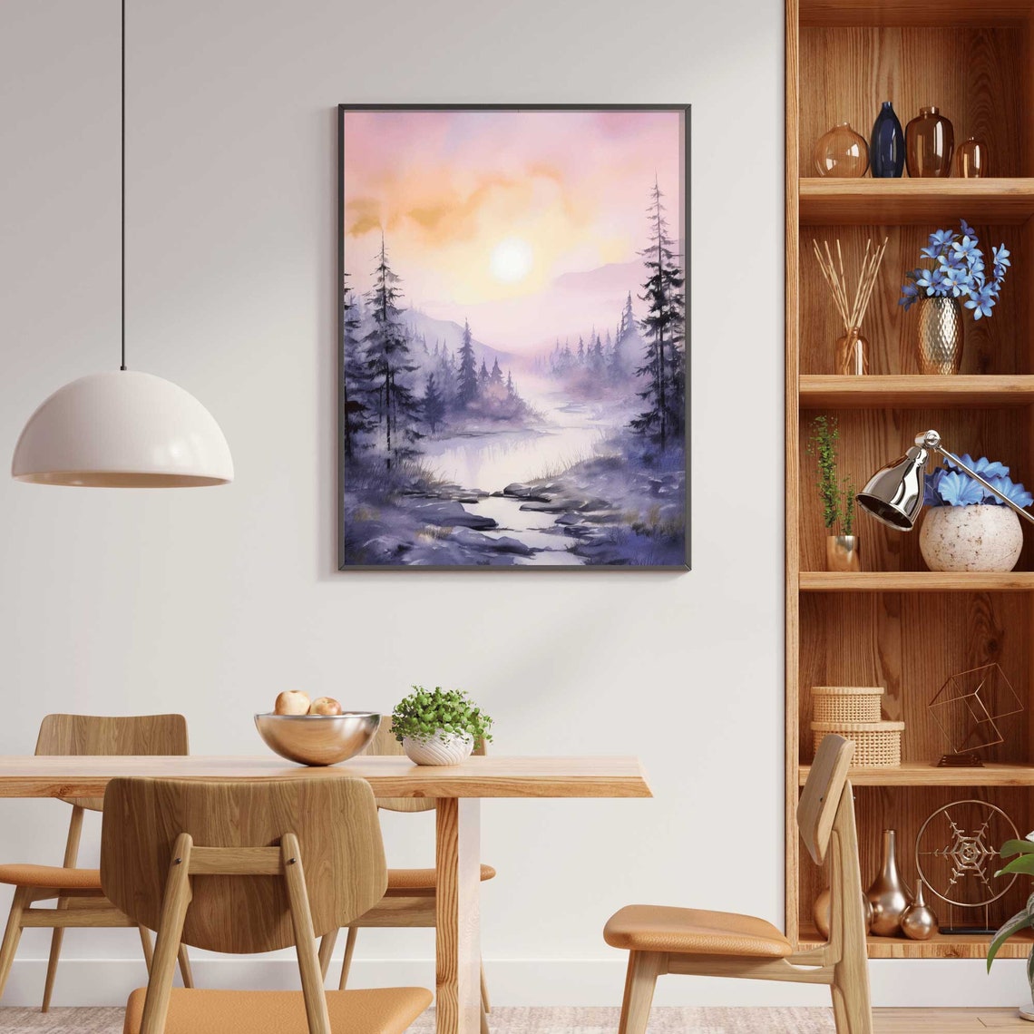 Lavender Sunset Over a Misty Forest Stream Watercolor Poster - Image 2
