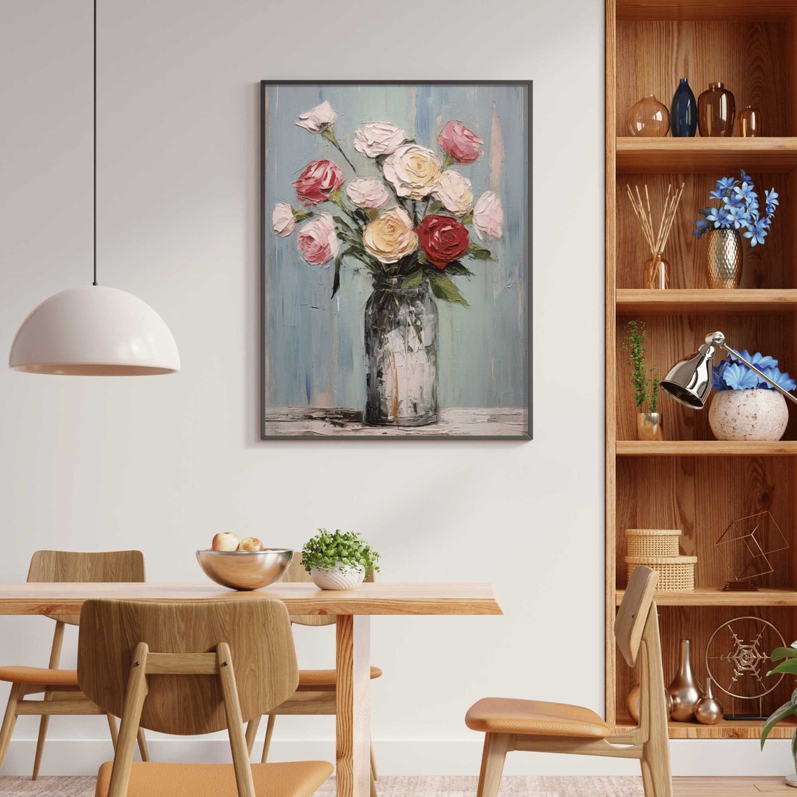 Vintage Pink Rose Bouquet Farmhouse Floral Still Life Art Poster - Image 2