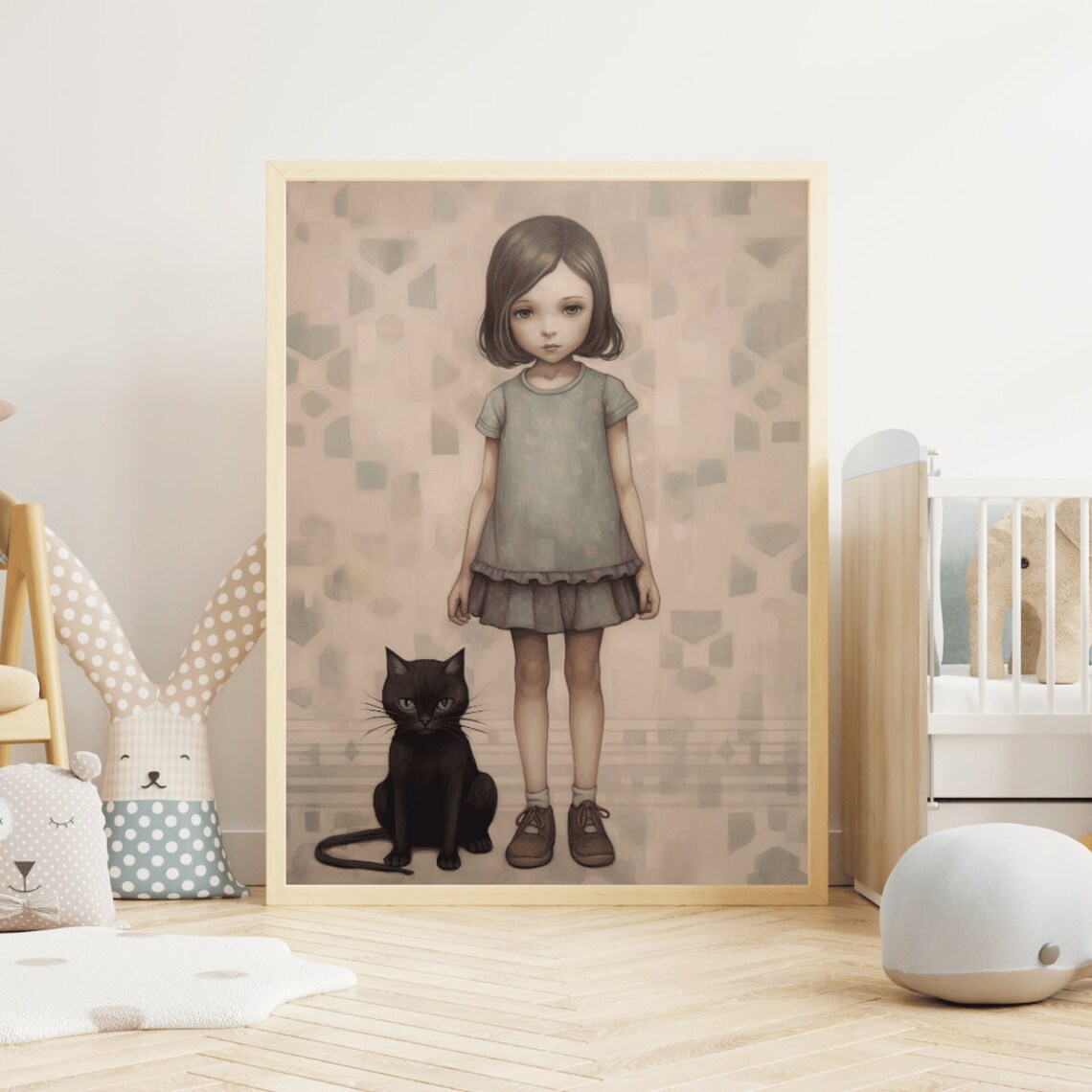 Vintage Little Girl with Black Cat Whimsical Nursery Wall Art for Girls - Image 2