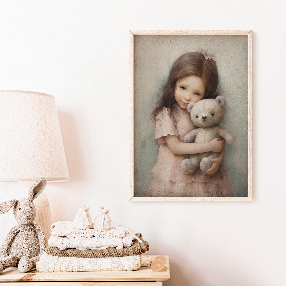 Little Girl Hugging Her Teddy Bear Soft Vintage Nursery Poster - Image 2