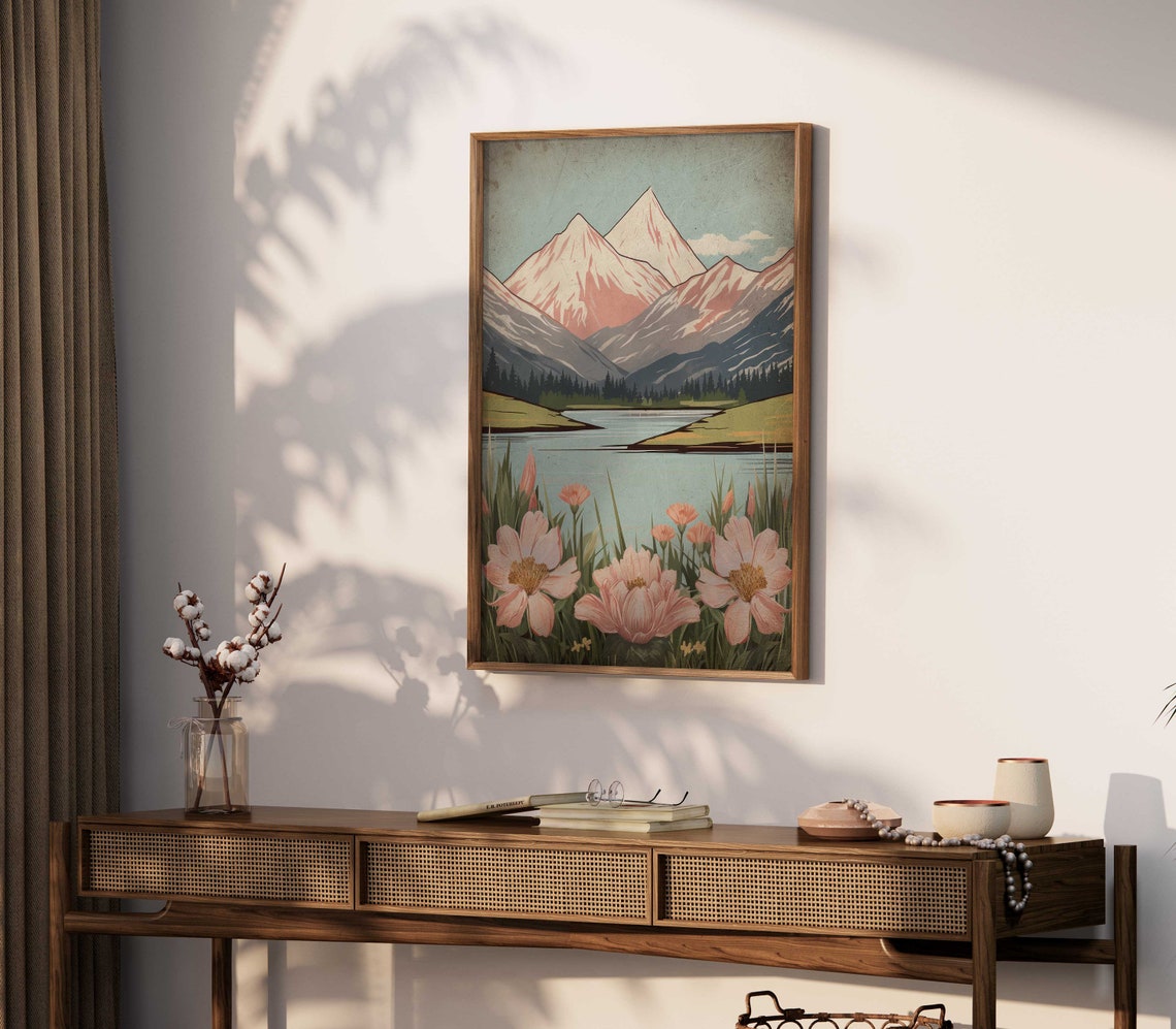 Snowy Mountain Peaks Over Lake With Pink Wildflowers Art Poster - Image 2