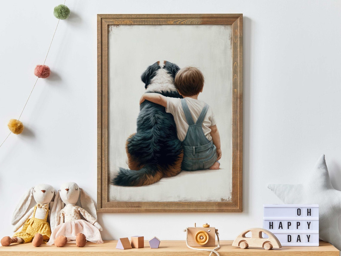 Toddler Boy Hugging Bernese Mountain Dog Sweet Nursery Wall Art