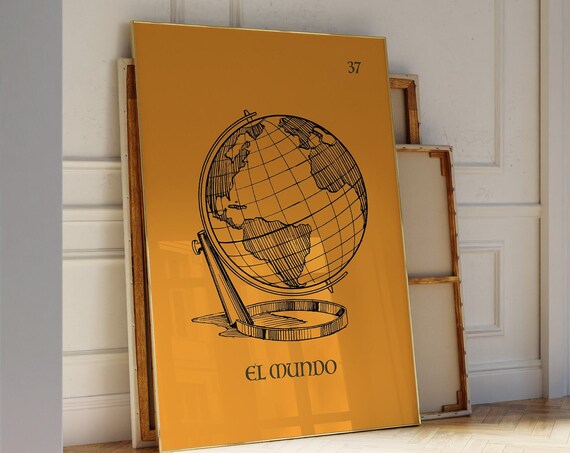 El Mundo Mexican Loteria Card 37 Vintage Globe Illustration Poster