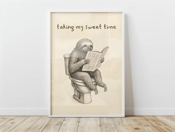 Funny Sloth On Toilet Poster Lazy Animal Wall Art Bathroom Humor Decor Living Room Or Dorm
