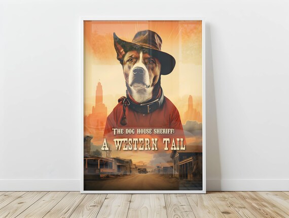 Funny 70s Style Western Dog Movie Poster Animal Wall Art Film Lovers