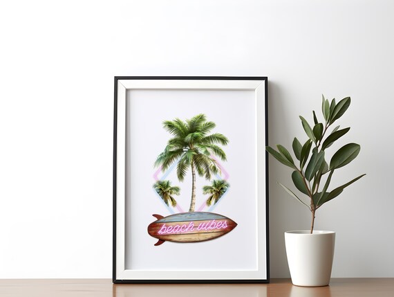 Beach Vibes Surfboard Palm Trees Tropical Neon Sunset Poster