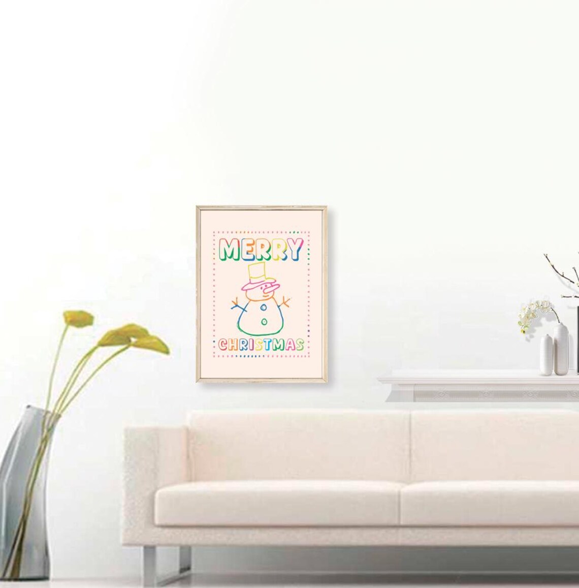 Hand Drawn Rainbow Merry Christmas Snowman Festive Holiday Art Poster - Image 3