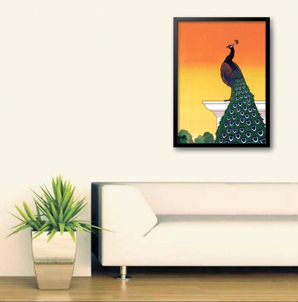 Vintage Peacock On Pedestal Orange Sunset Art Deco Bird Poster - Image 3