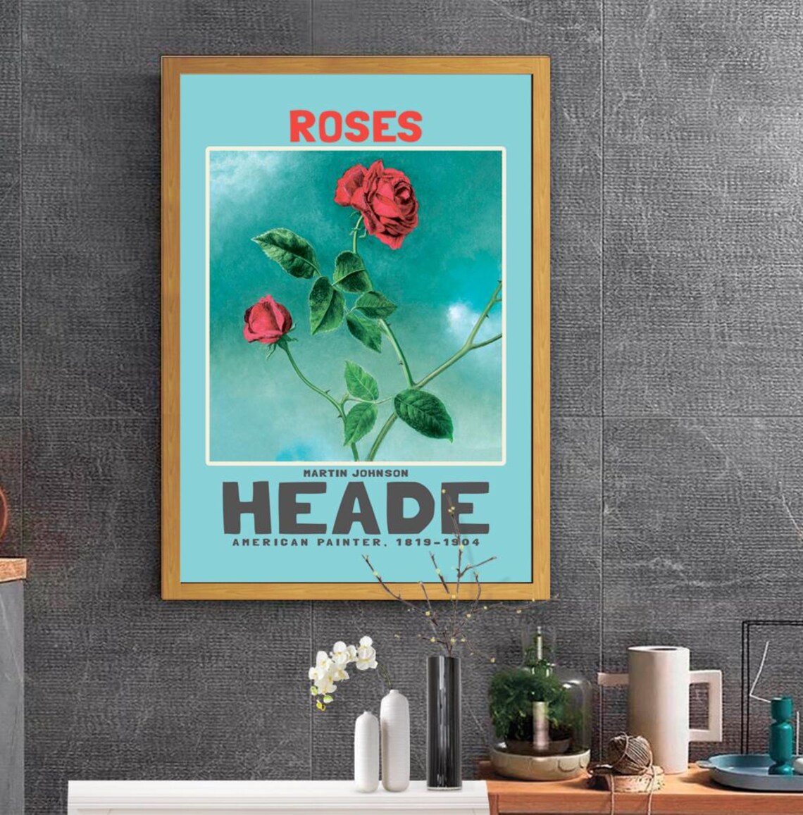 Martin Johnson Heade Red Roses On Teal Vintage Flower Poster - Image 2