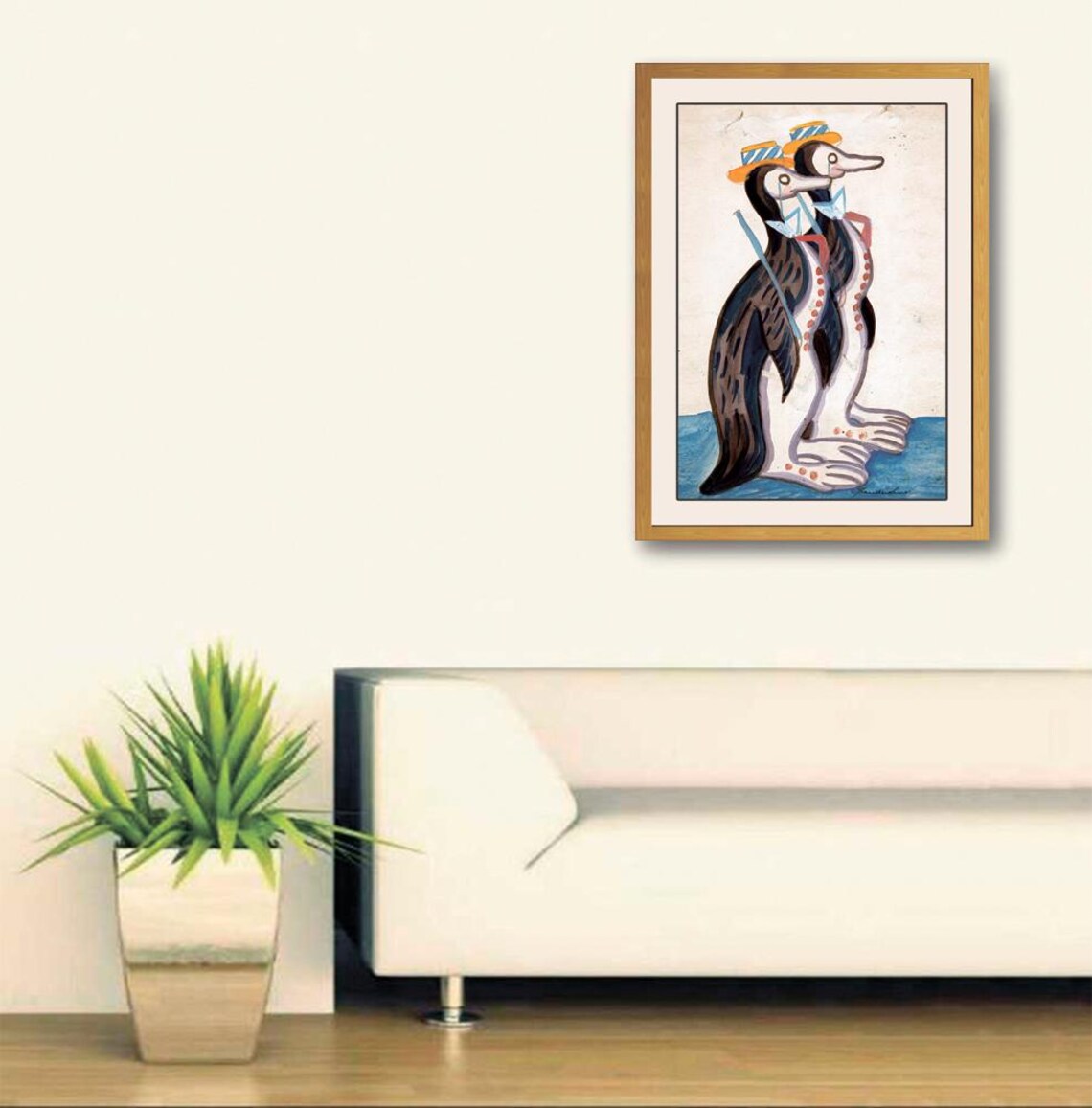 Two Dapper Penguins In Straw Hats Folk Art Animal Illustration Poster - Image 3
