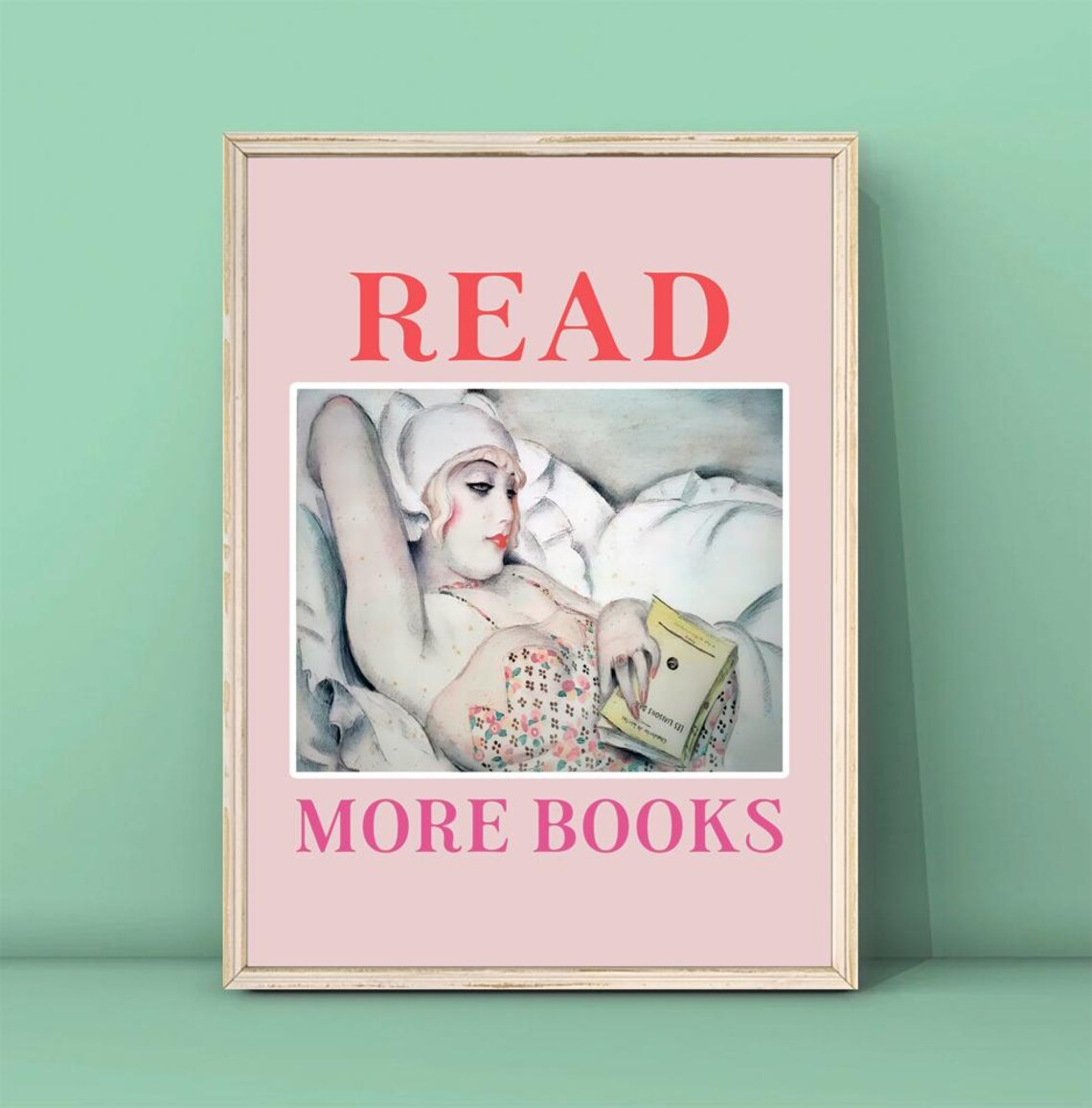 Read More Books Pink Vintage Woman Reading in Bed Quote Print