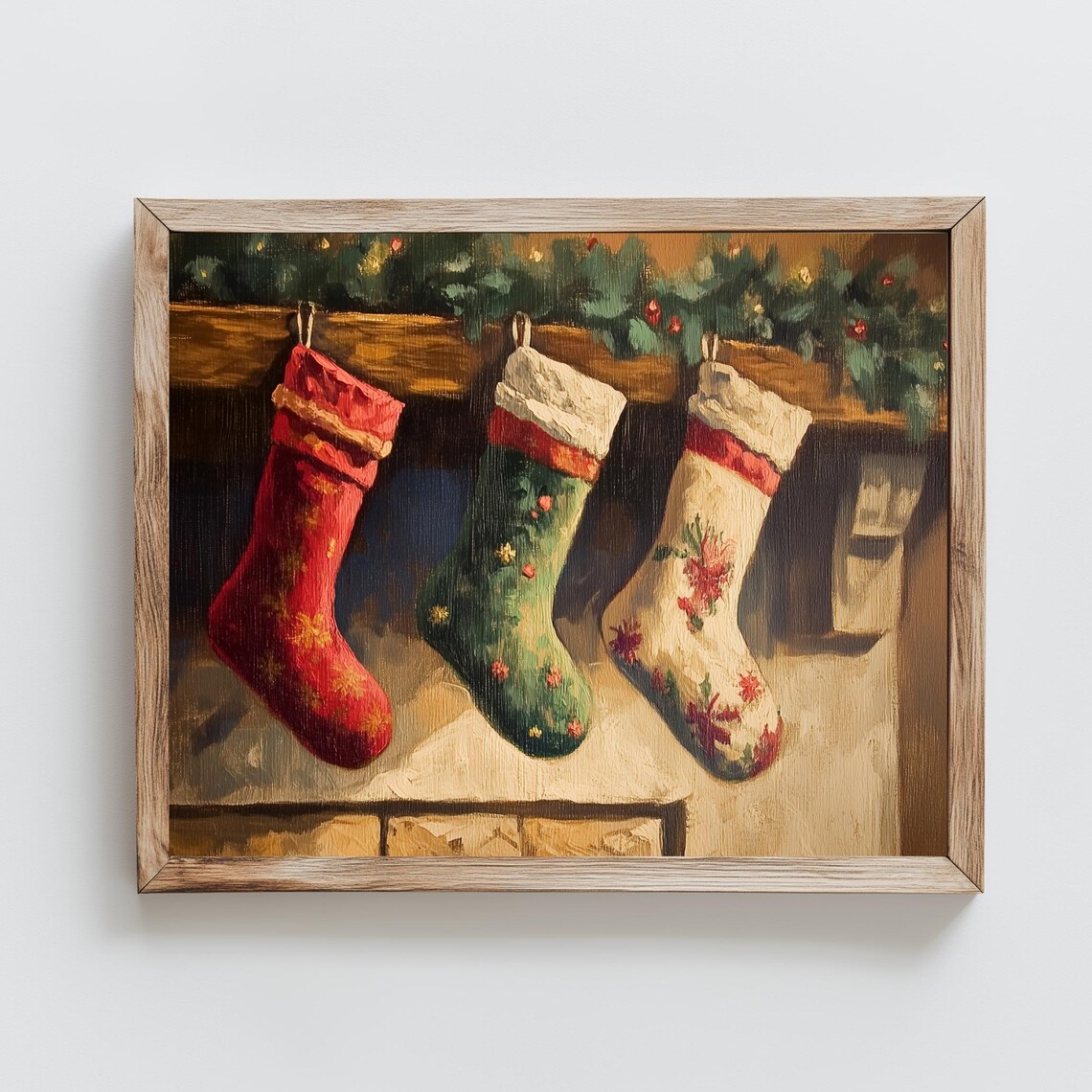 Three Christmas Stockings Fireplace Mantel Vintage Oil Painting Poster