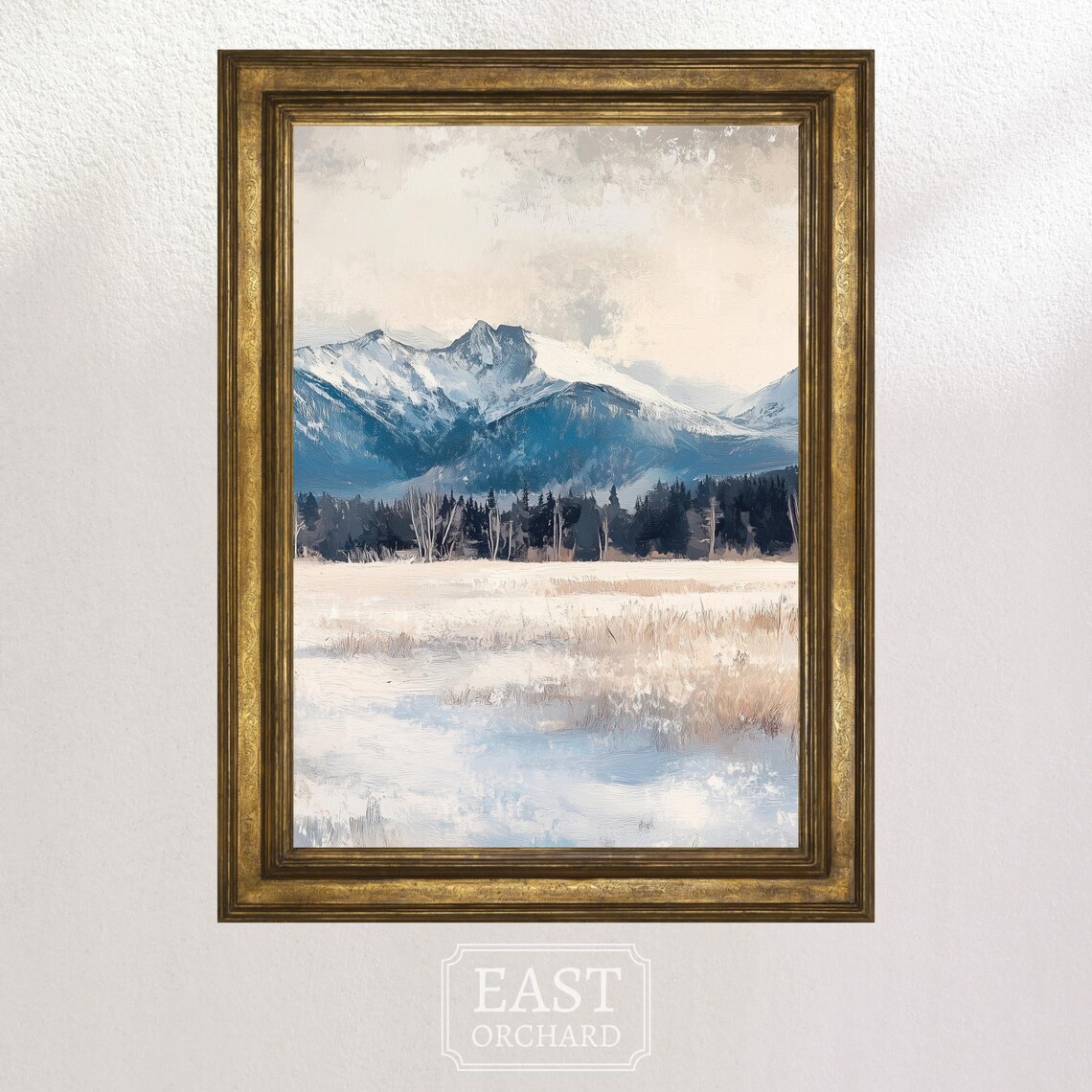 Snowy Mountain Range Winter Meadow Blue Hues Vintage Landscape Poster - Image 2