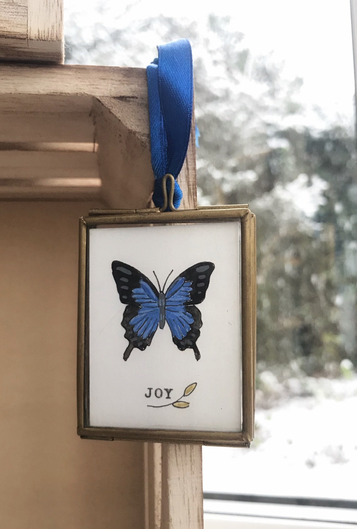 Monarch Butterfly Love Mini Brass Hanging Frame Hand Painted Art Print - Image 2