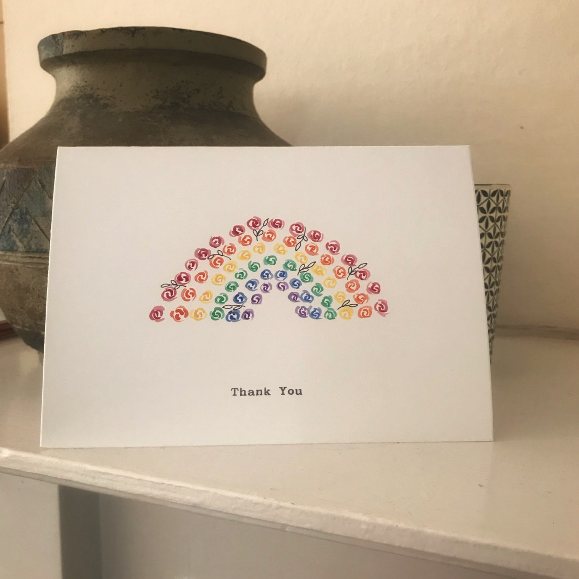 Hand Painted Rainbow Rose Thank You Card Watercolor Art Print