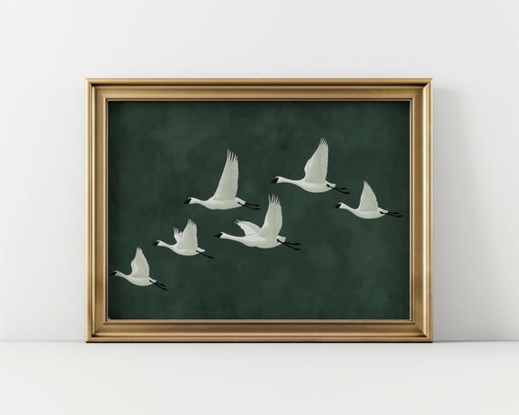Flock Of Geese Emerald Green Abstract Minimalist Print Goose Wall Art Modern House Decor Retro Vintage Painting