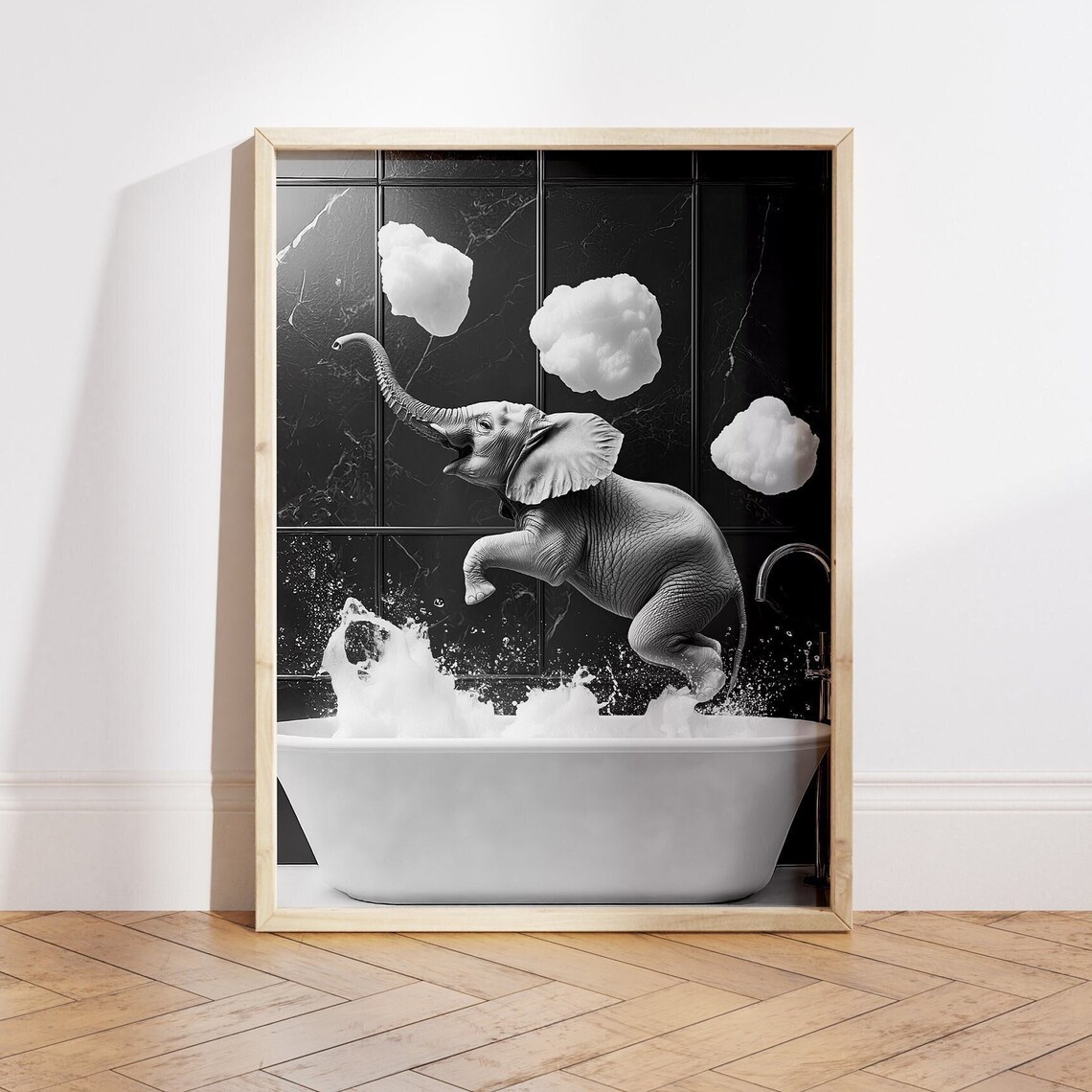 Happy Elephant in a Tub, Funny Bathroom Poster