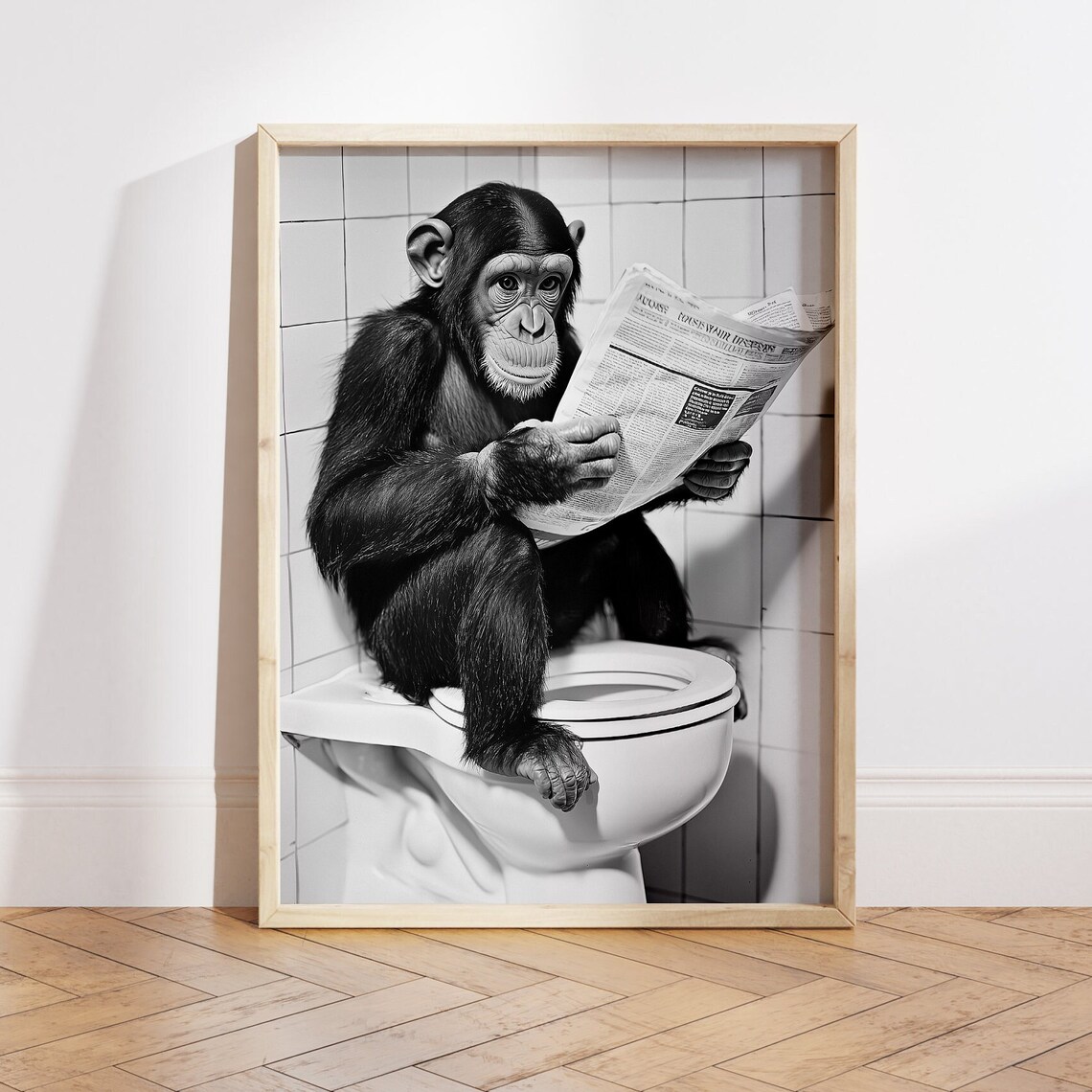 Monkey Sitting On Toilet Reading Newspaper, Funny Art Print