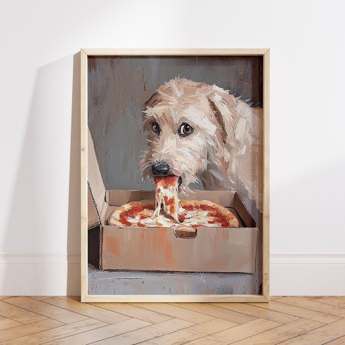 Cute Dog Eating Pizza, Funny Kitchen Art Print