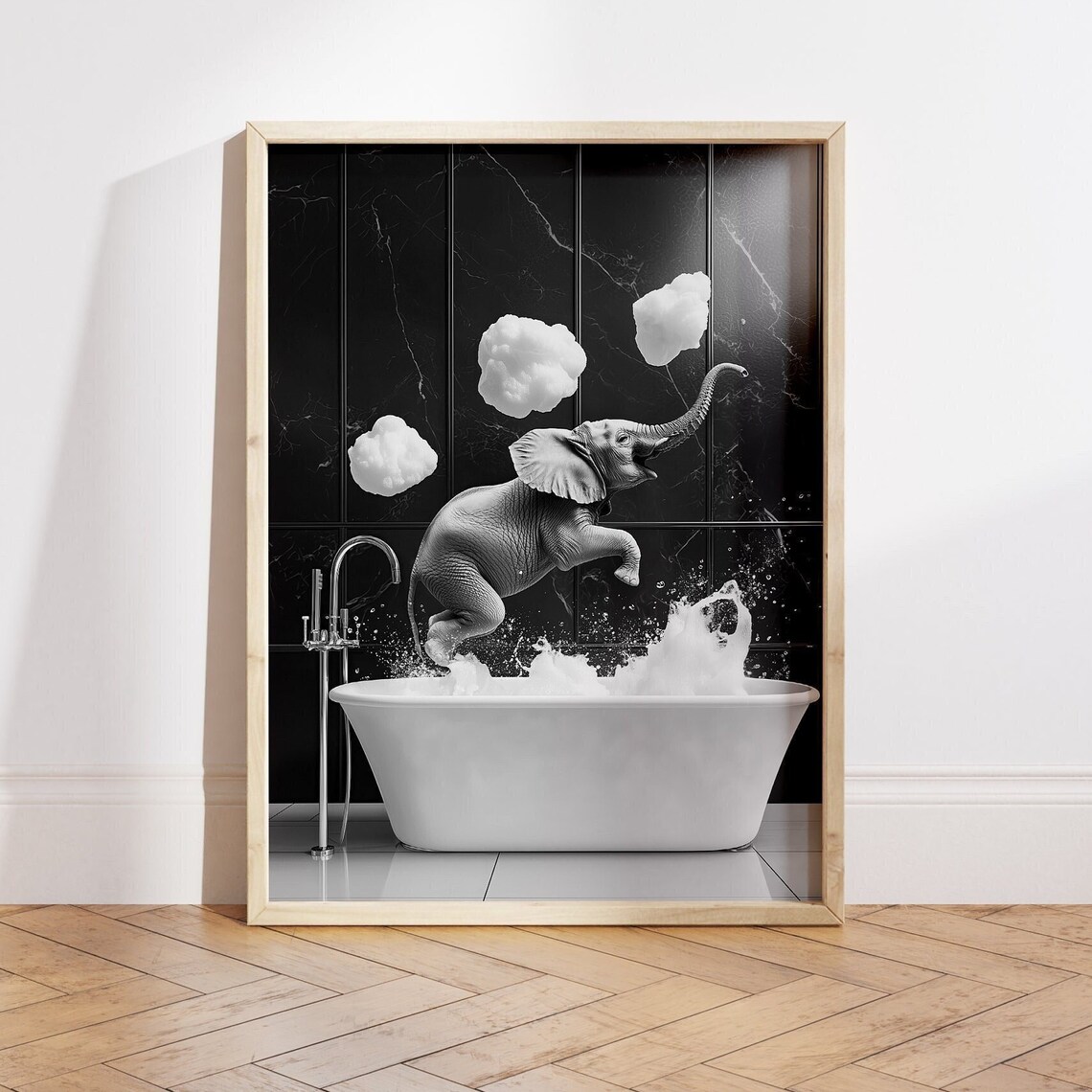Happy Elephant In A Tub, Funny Bathroom Art Print