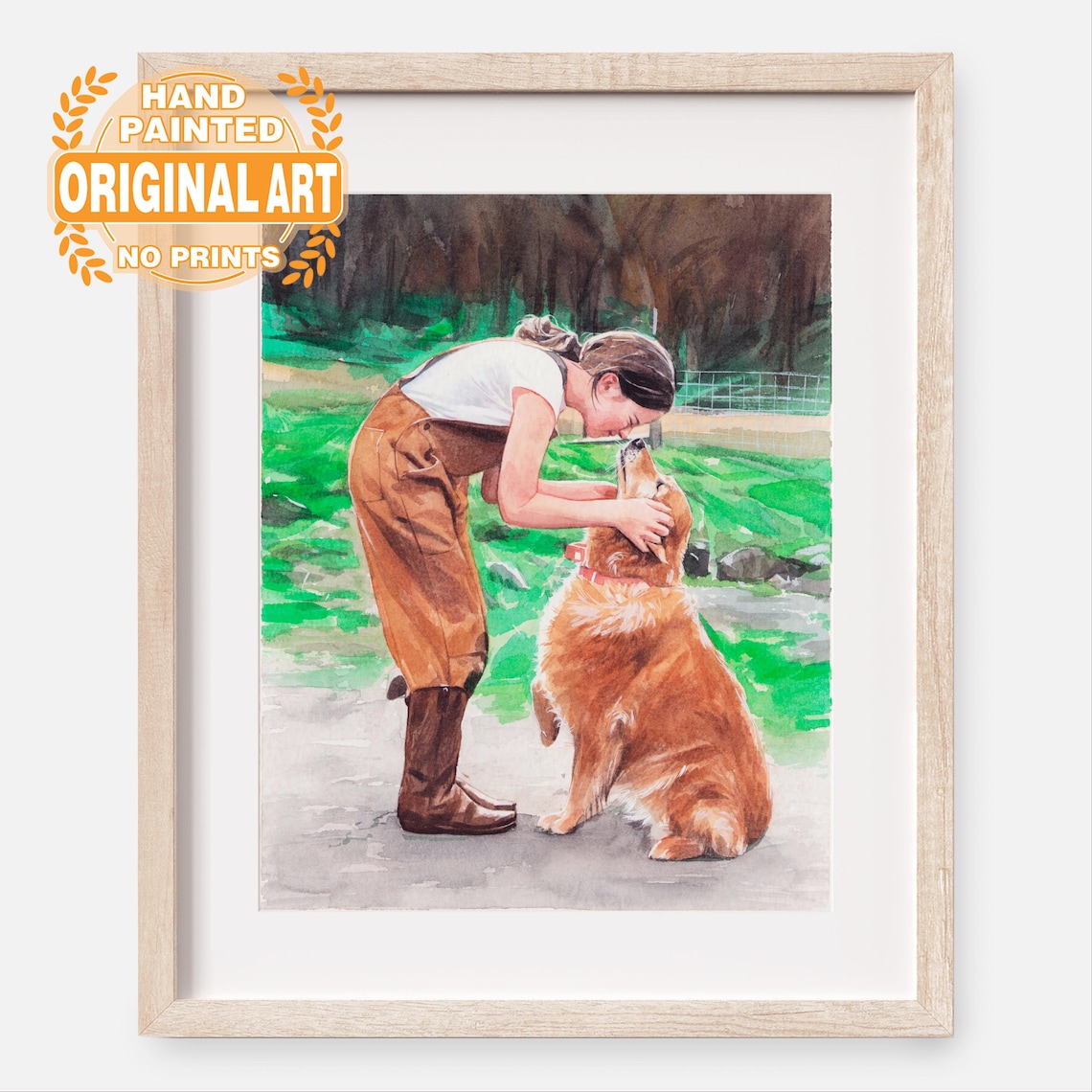 Woman With Golden Retriever Watercolor Custom Pet Portrait Original Wall Art