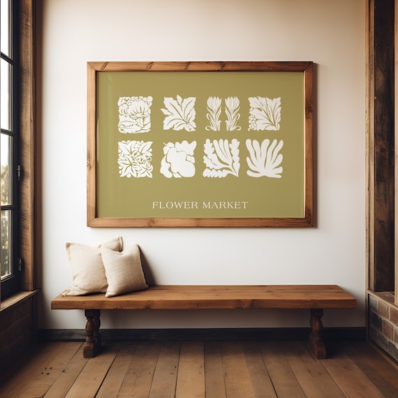 Flower Market Olive Green Matisse Style Botanical Tiles Wall Art