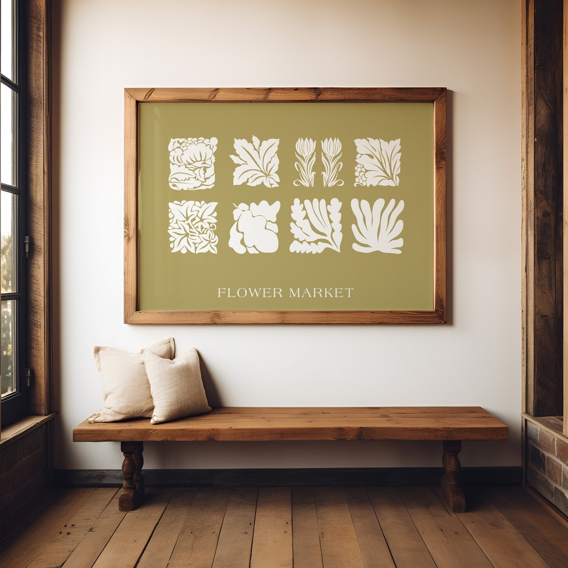 Flower Market Olive Green Matisse Style Botanical Tiles Wall Art