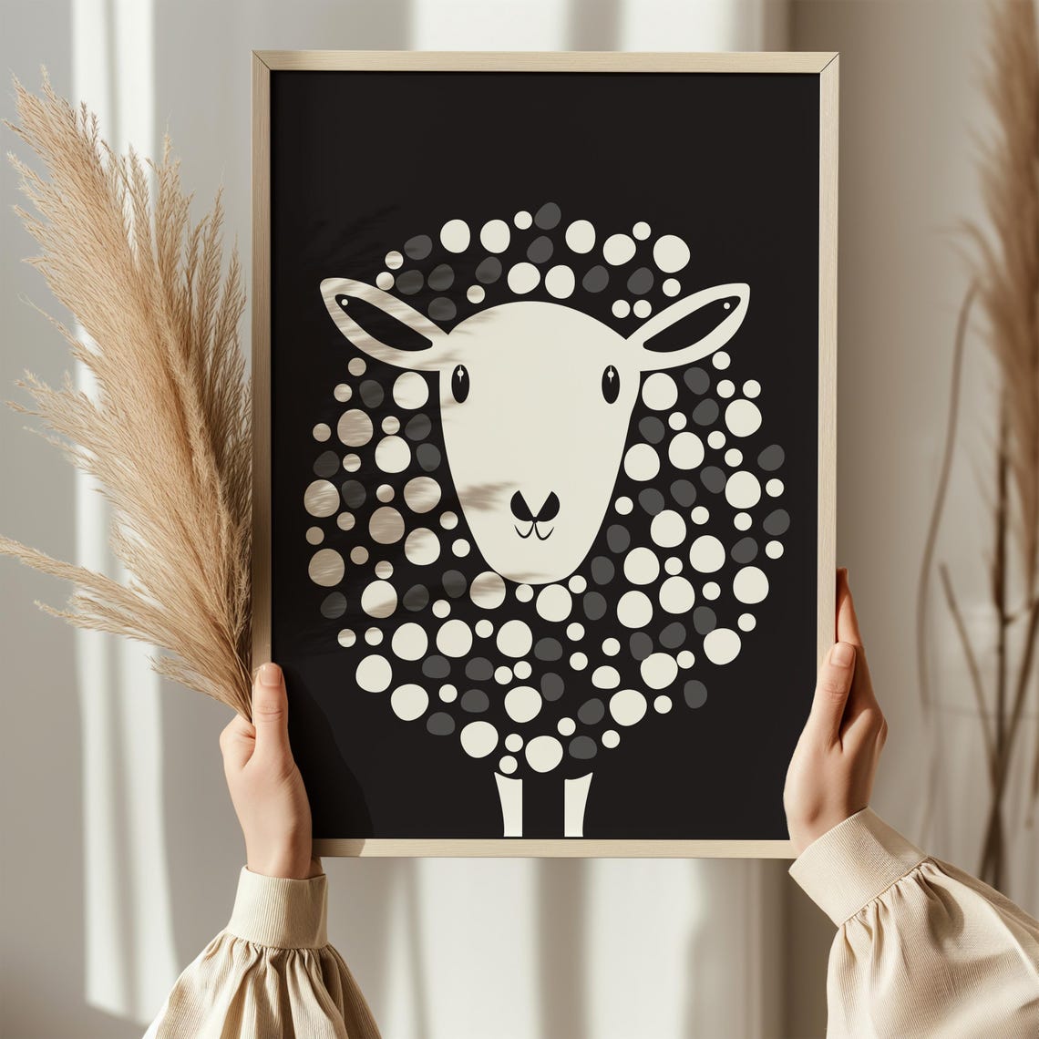 Monochrome Sheep Dotted Wool Black Background Nursery Wall Art - Image 3