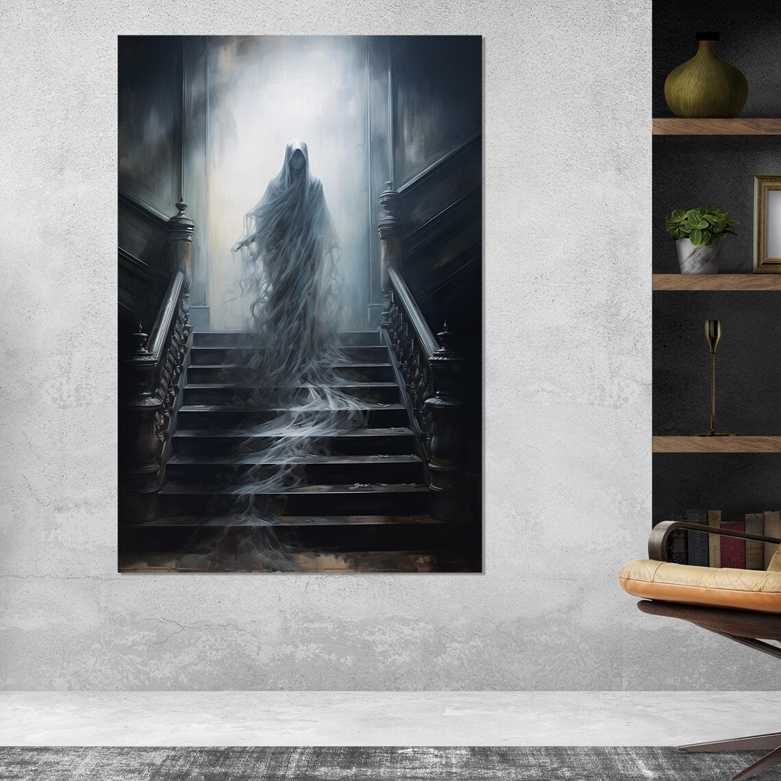 Ghostly Figure Descending Grand Staircase Haunted Gothic Wall Art Poster