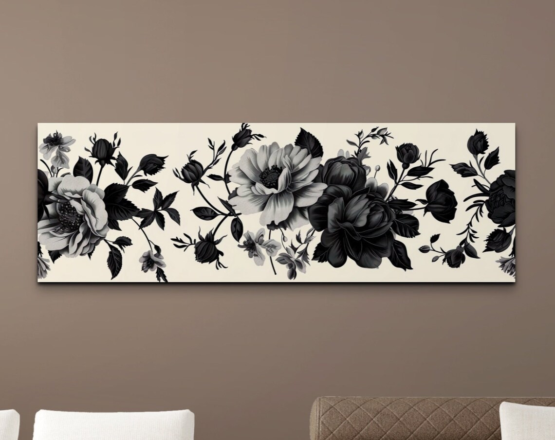 Elegant Black and White Botanical Roses Peonies Floral Art Poster