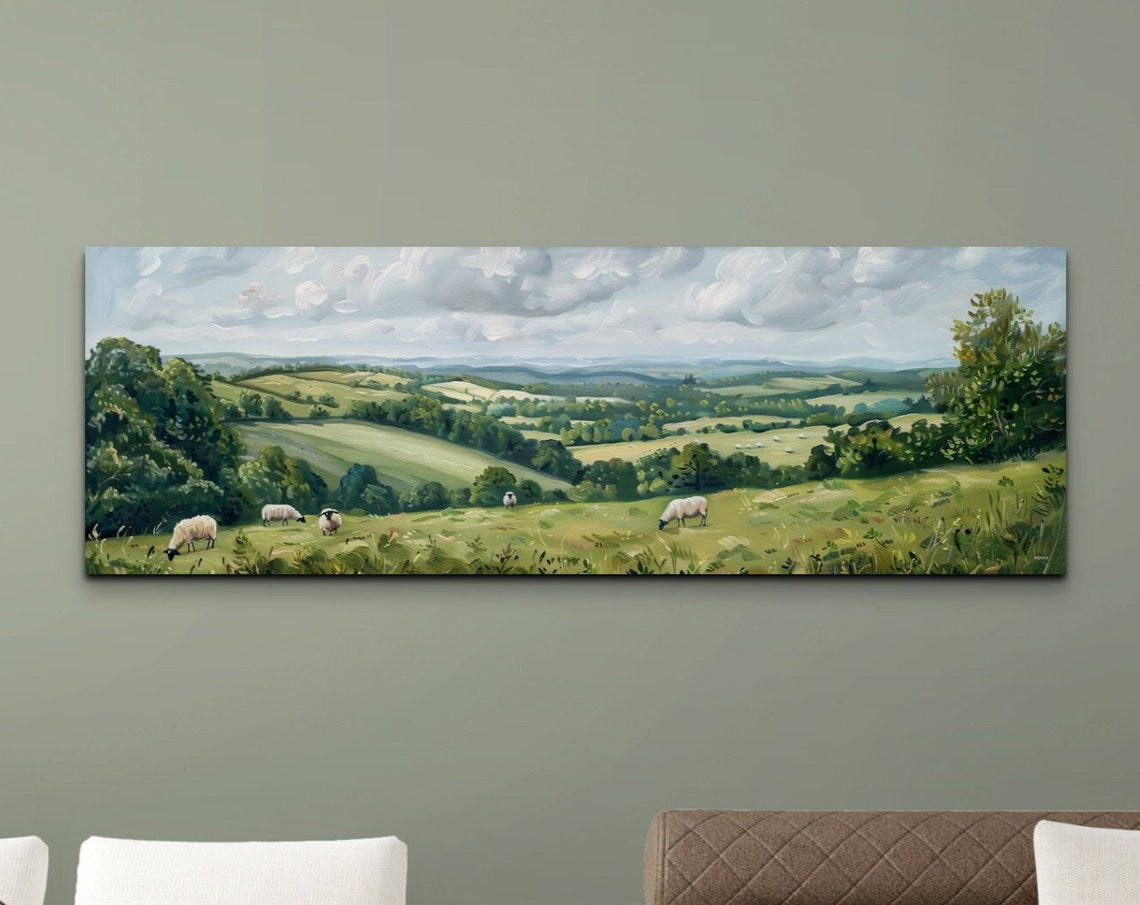 Sheep Grazing in a Lush Meadow Under a Cloudy Sky Panoramic Poster