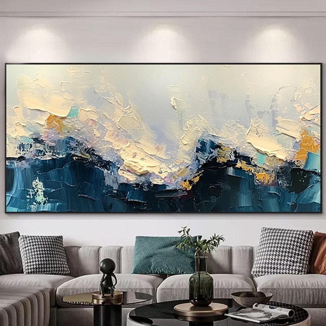 Navy Ocean Waves White Foam 3D Textured Painting Panoramic Wall Art