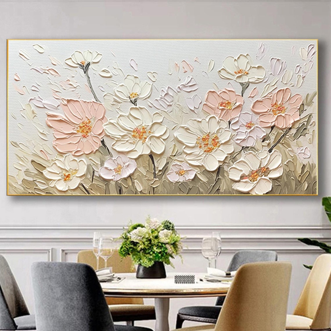 White Blush Anemone Flower 3D Textured Floral Meadow Painting Poster - Image 4