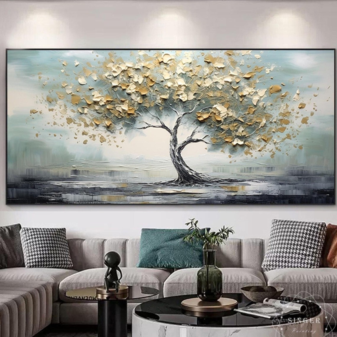 Windswept Golden Tree 3D Textured Impasto Painting Sage Sky Poster