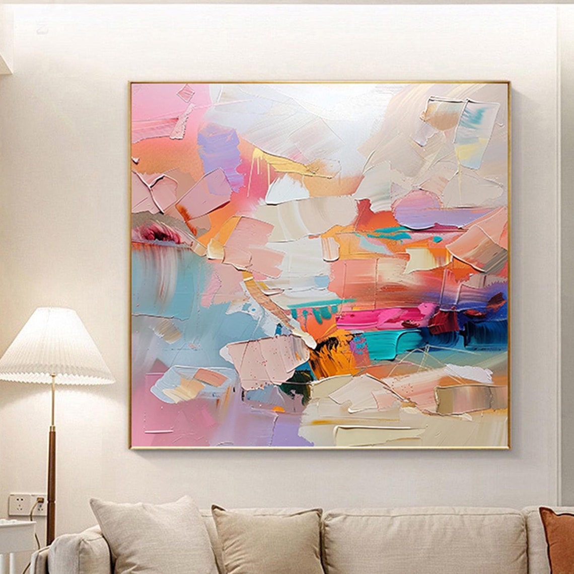 Vibrant Pink Orange Teal Abstract Painting Modern Statement Wall Art