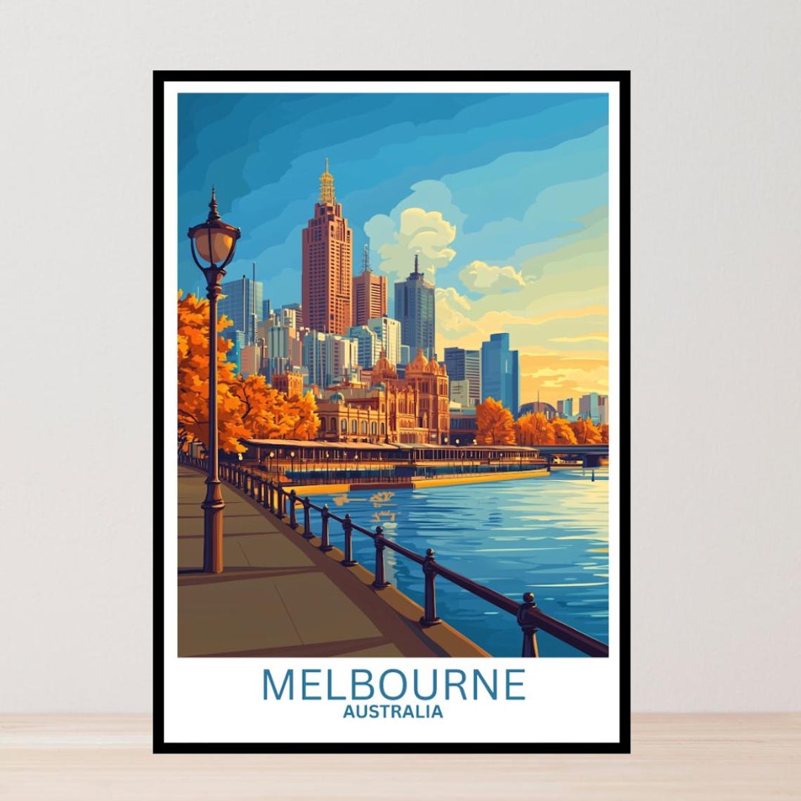 Melbourne Australia Yarra Riverside Skyline Sunset Promenade Poster