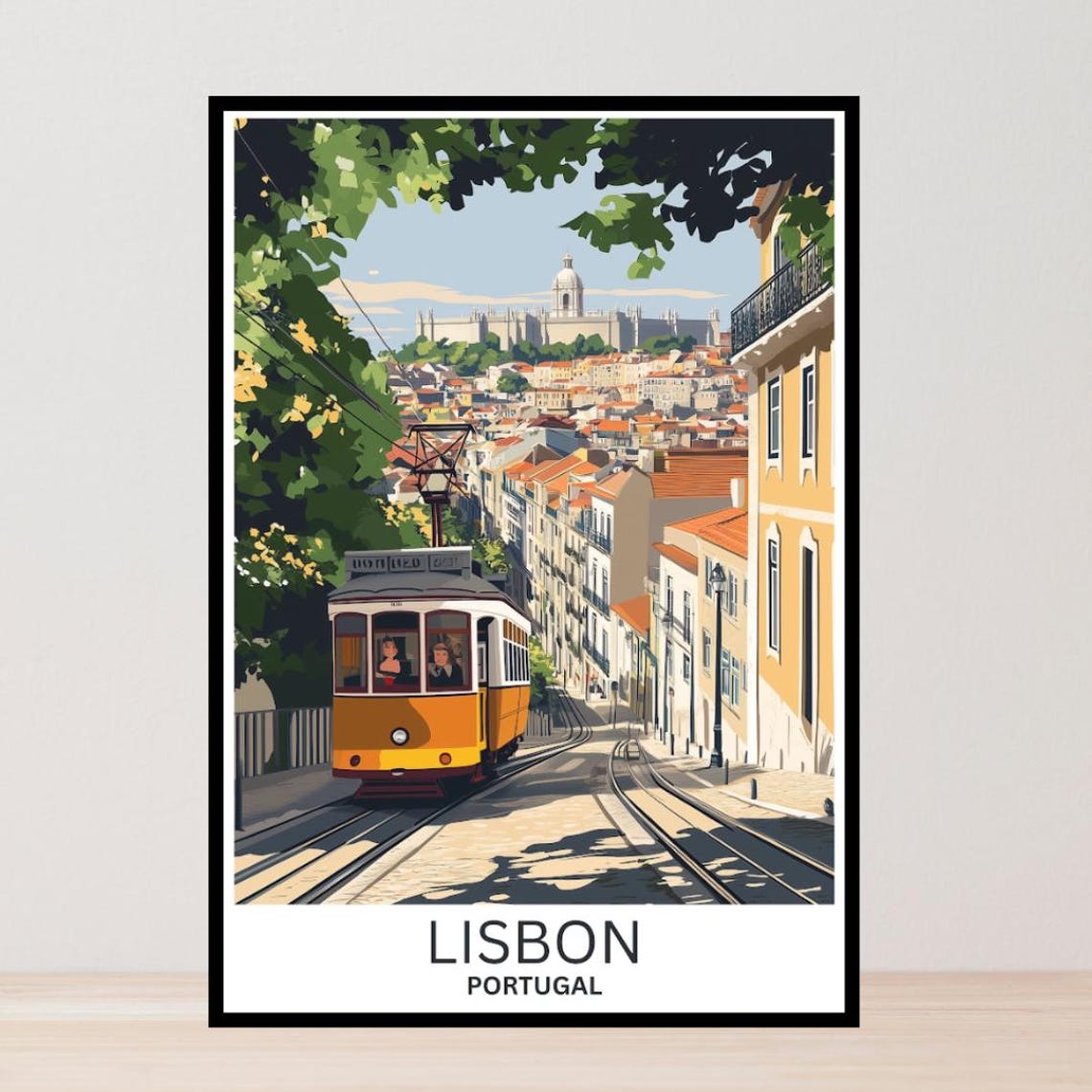Lisbon Portugal Yellow Tram Alfama Roofs Vintage Travel Poster