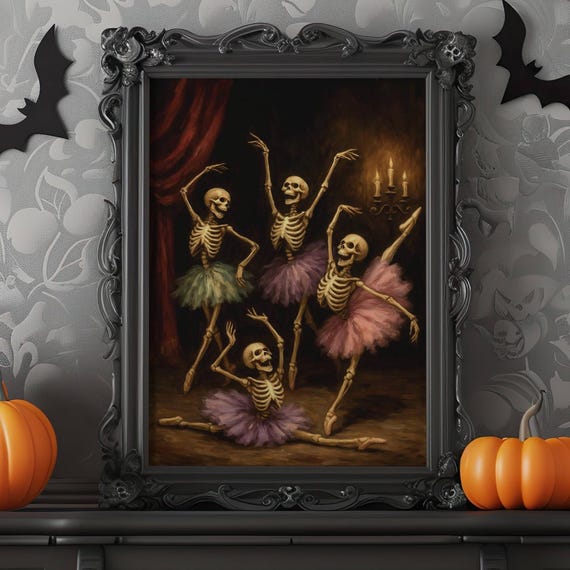 Funny Ballerina Skeleton Wall Art Halloween Ballet Class Poster Spooky Season Dance Studio Decor Gothic Performing Arts Print