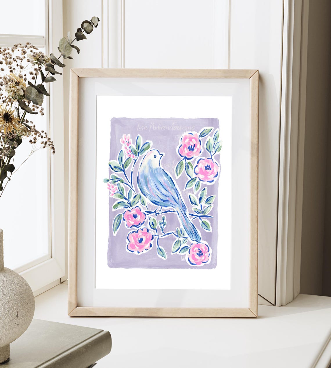 Delicate Lavender Chinoiserie Bird Floral Pastel Botanical Poster