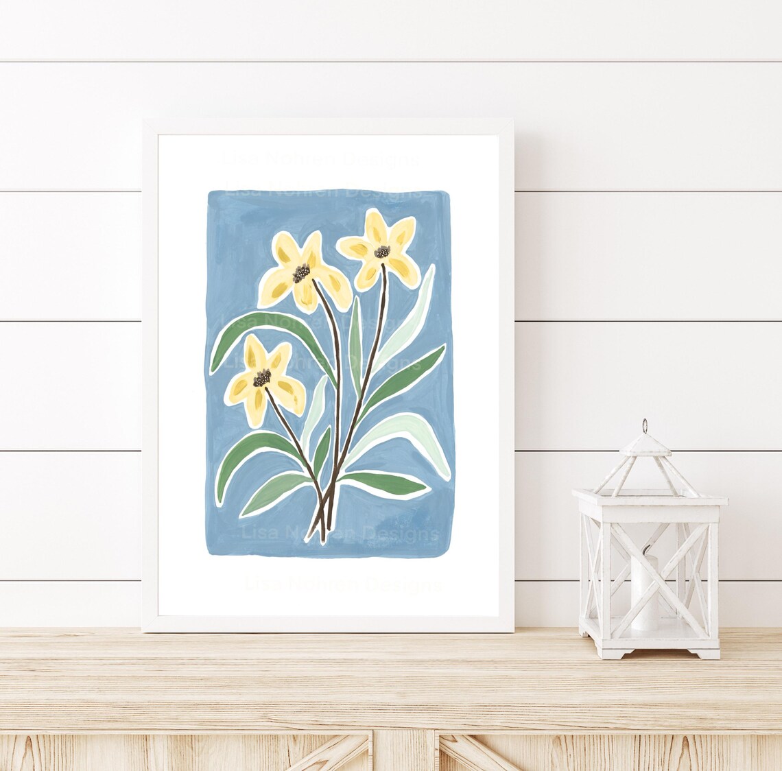 Yellow Wildflowers on Dusty Blue Botanical Painting Wall Art