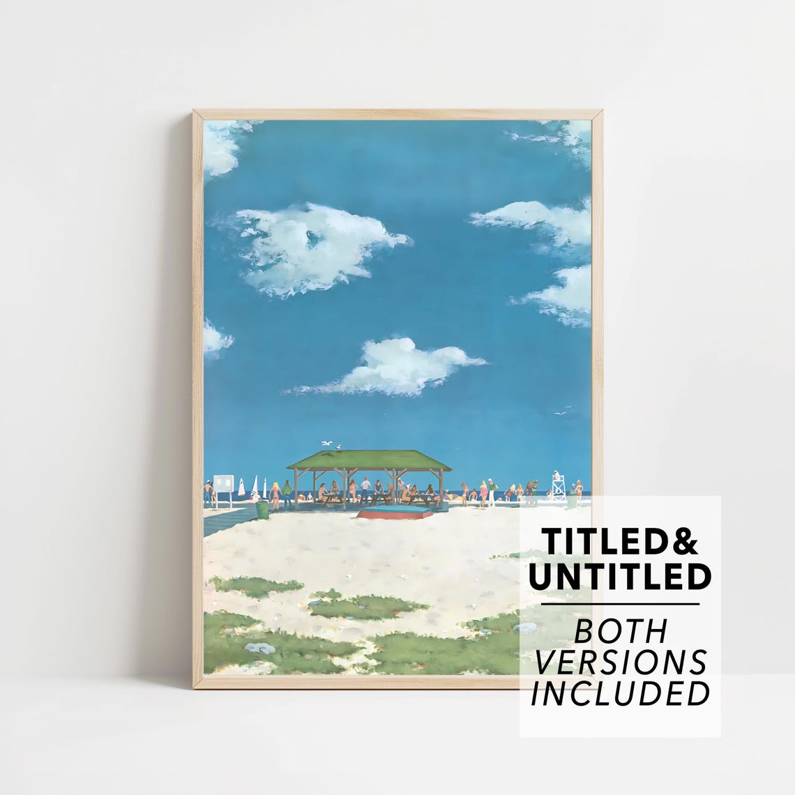 Beach Pavilion Summer Crowd Blue Sky Watercolor Scene Poster