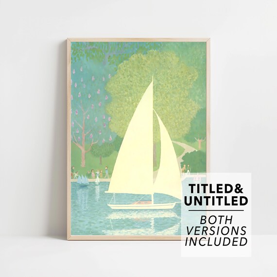 Sailboat on Park Lake Naive Folk Style Summer Day Art Poster