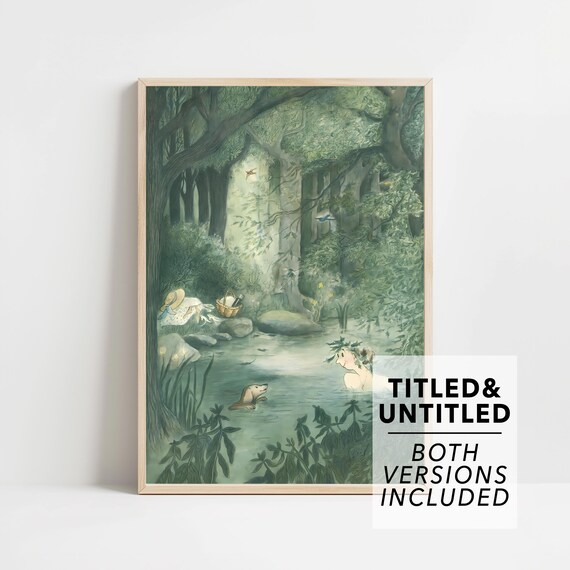 Enchanted Forest Stream Fairy Tale Girl Swimming Nature Art Poster