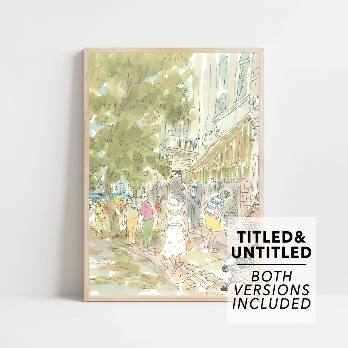 Shoppers On Leafy Tree Lined Street Watercolor Scene Art Poster